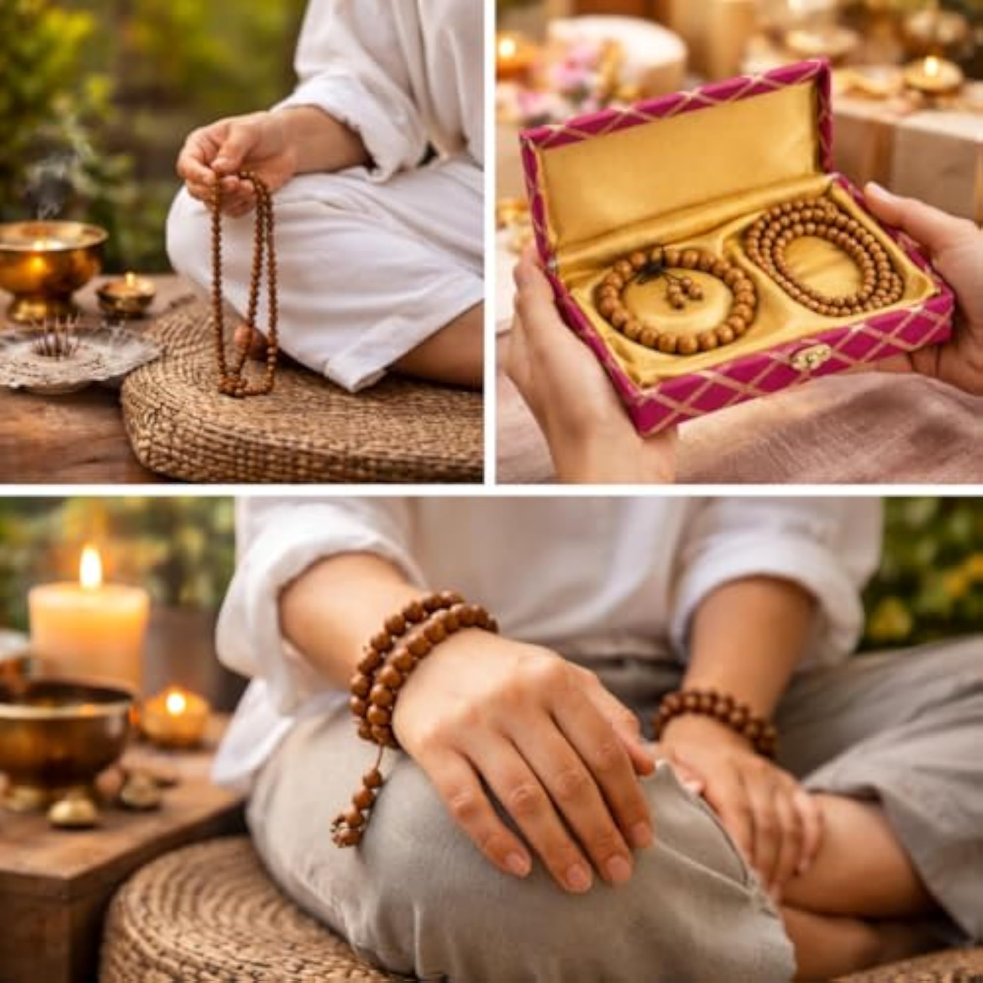 Indian Sandalwood Bead Bracelet Gift Box Set, Unisex